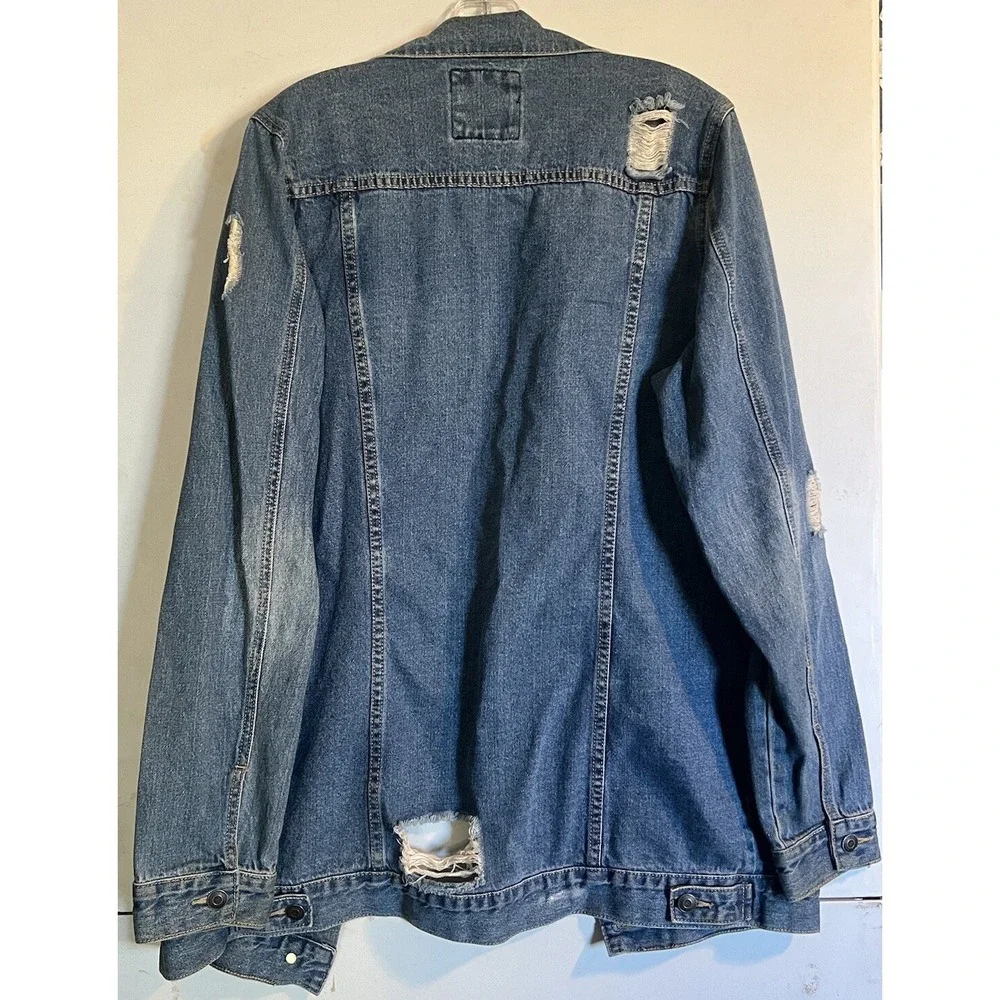 FOREVER 21‎ WOMENS DENIM JACKET SIZE L DISTRESSED DESTROYED BLUE OVERSIZED JEAN